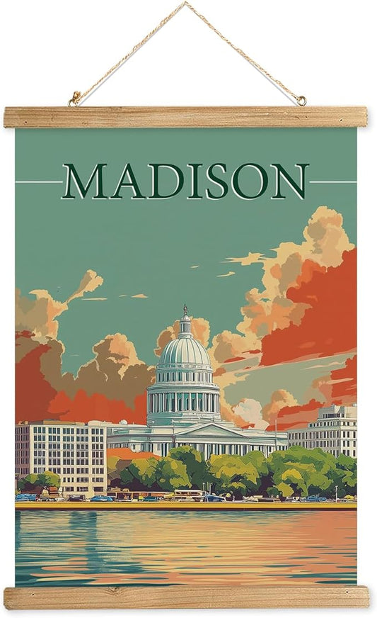 WREVERW Vintage Madison Poster Canvas Print with Wooden Hanger Frame, Featuring the Iconic Wisconsin State Capitol and Lakeside View, Wall Art for Home and Office Decor, 16x23 inches
