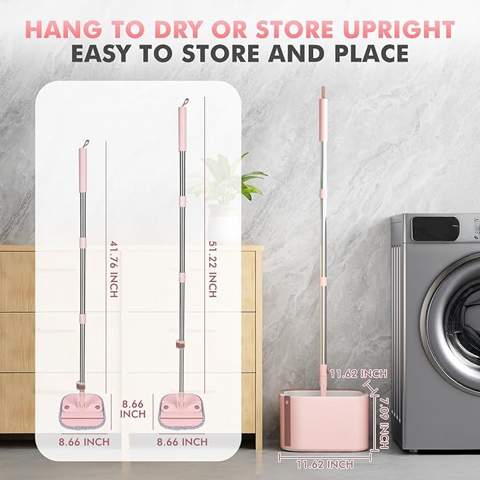 Upgraded Spin Mop and Bucket Set Self-Standing Mop Bucket Separate Dirty and Clean Water System Self Wringing 360° Rotating 90° Foldabl Mops and Buckets for Floor Cleaning (Pink, 6Pads)