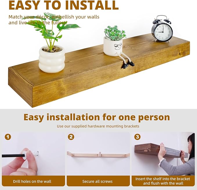 Floating Shelves 3 inch Thick for Wall Set of 2,Solid Pine Wood Wall Mount Shelf for Kitchen Living Room Bedroom Bathroom,8" D x 36" L x 3" H-Gold Oak