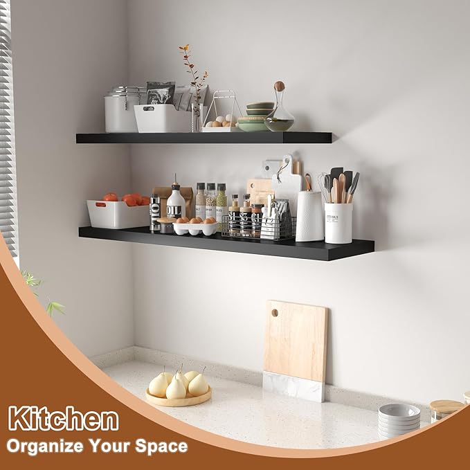 12 Inch Deep Floating Shelves for Wall 1 Pack Floating Shelves Large Storage Space Wall Mount Shelf for Living Room Kitchen Bathroom 24" W x 12" D x 1.2" H Black