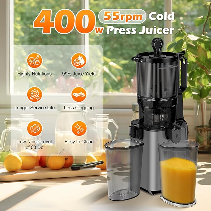 Juicer Machines with 5.4" Large Feed Chute, 400W Cold Press Juicer for Whole Vegetables and Fruits, Slow Masticating juicer Easy to Clean Juice Extractor Machine High Juice Yield(Titanium Gray)