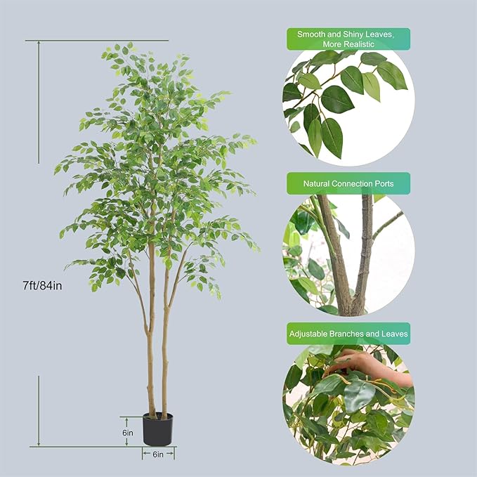 Tall UV Resistant Ficus Tree Artificial,7ft(84in) Realistic Texture Potted Faux Ficus Tree, Fake Trees Indoor Outdoor for Home Office Living Room Bedroom Foyer Porch Decor.