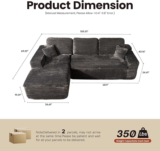 ovios 105” Modular Sectional Sofa with Thicken Seat Cushion, Cloud Couch with Deep Seat, Modern L-Shape Sofas Couches with Chaise,Upholstered Couches for Living Room Bedroom,Grey
