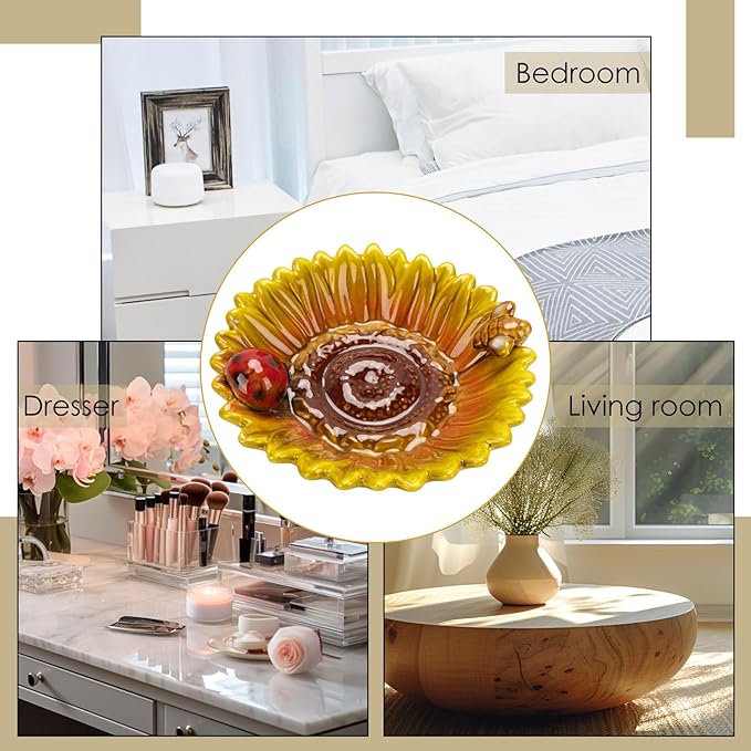 Sunflower Jewelry Dish Trinket Tray Ceramic Key Tray Bowl for Entryway Table, Sunflower Candy Dish Soap Holder Gift Decorative Bowl for Home Decor Kitchen Bathroom Sink (Bee, Ladybug)