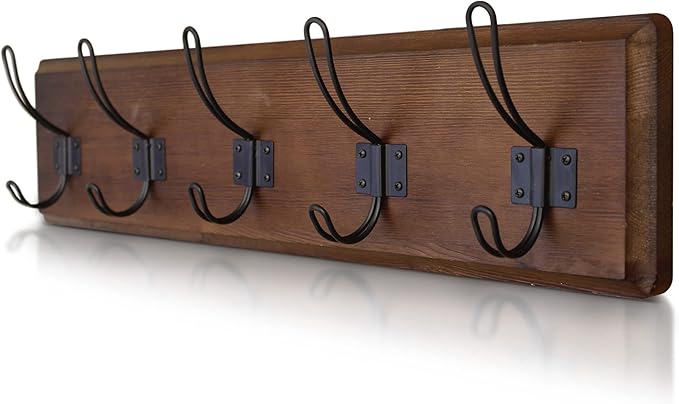 HBCY Creations Dark Wash Brown Rustic Coat Rack Wall Mount with 5 Hooks, Solid Pine Wood 24 inch Wall Hooks for Entryway, Mudroom, Hallway, Bathroom - Vintage Farmhouse Style Wall Mounted Towel Rack