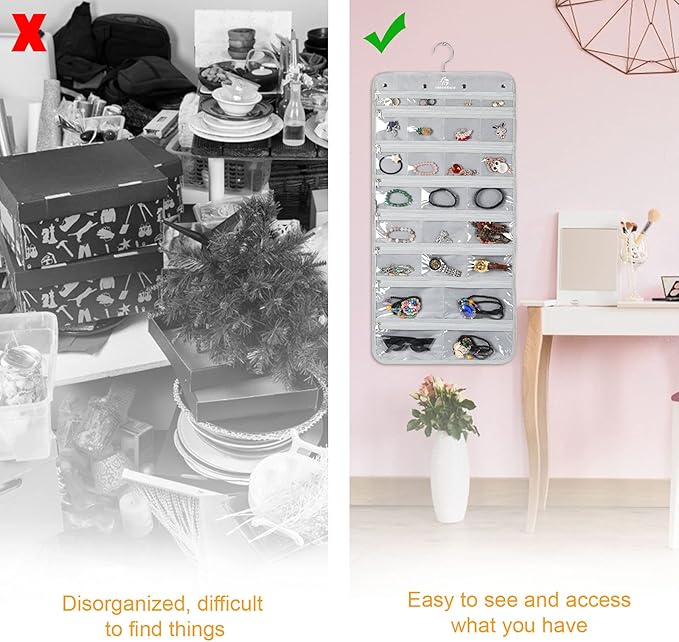 Freegrace Hanging Jewelry Organizer Revolving Hanger - Secure Zipper Closure - 25 Pockets,23 Hooks - Foldable Storage & Display Solution - For All Jewelry & Bijoux (Gray)