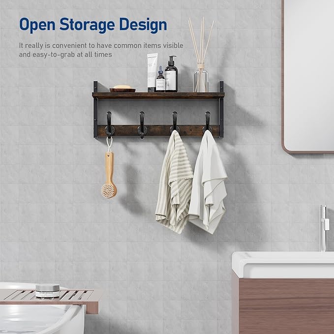 Tatub 20" Rustic Coat Rack Wall Mount with Shelf, Wall Hooks with Shelf, Heavy Duty Entryway Organizer Hangers for Hanging, Hat, Bag, Jacket for Bathroom, Living Room, Bedroom, Rustic Brown