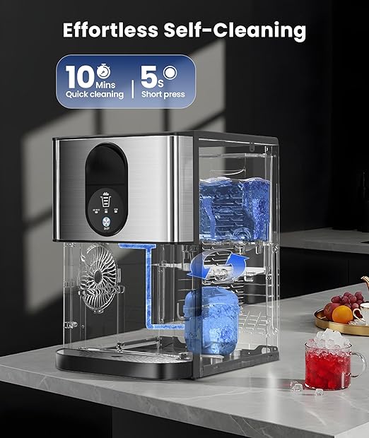 Nugget Ice Makers Countertop, Pellet Ice Maker Machine Dispenser with Water Reservoir with 44lbs/24H, Self-Cleaning, Soft Chewable Ice Maker Machine for Home/Kitchen/Office, Silver Stainless