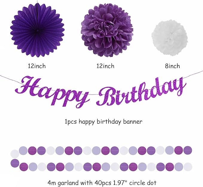 Purple White Birthday Party-Decorations Paper-Flowers - 14pcs Happy Banner Lavender Lanterns Tissue Pom Poms,Lilac Streamers Garland Fans,Women Girls Adult Kids Office Hanging Supplies Decor Hugfond