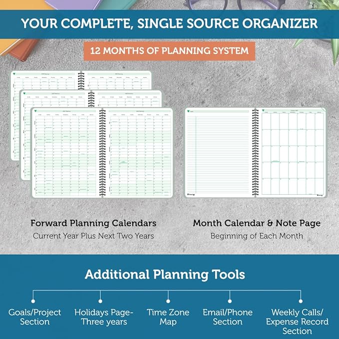 Planner Pad Spiral Bound 3-Tier Funnel Down 12 Month Organizer, October 2025 – September 2026, Greenish Grey Cover/Soft Green Ink, 8 1/2" x 11"