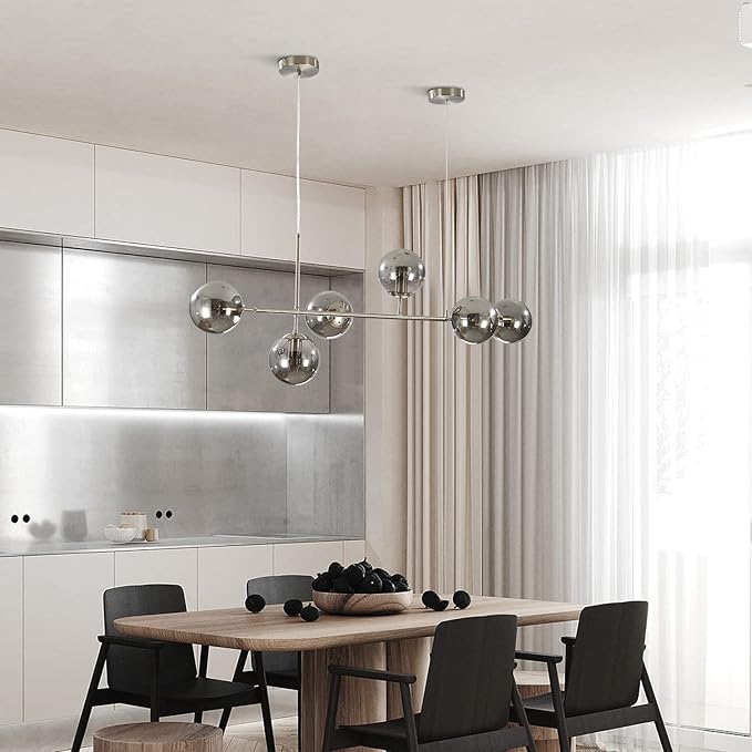 KCO Modern 6-Light Ceiling Pendant Lighting Mid-Century Glass Globes Sputnik Pendant Lamp Hanging Adjustable Chandelier for Kitchen Island Living Dining Room (Silver+Smoke Grey)