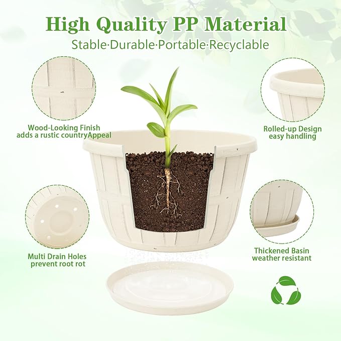 Quarut Plant Planters Pots Set of 4 Pack 16 Inch,Large Plastic Flower Pot for Indoor Plants with Drainage Holes & Trays, Whiskey Barrel Planters with Saucer for House Outdoor Garden Plant(White)