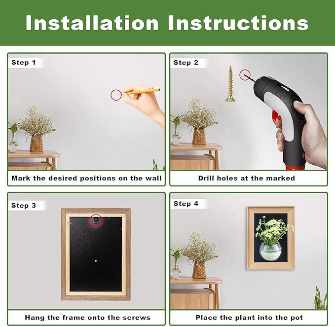 Natural Wooden Frame Wall Hanging Planter for Hydroponic Plants, 12'' x16''inch Wall Vase with Round Acrylic Propagation Station,Bathroom, Office, or Living Room Décor, Set of 3