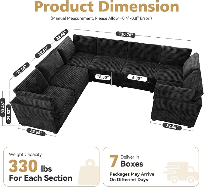 Modular Sectional Sofa with Chaise U Shaped Sectional Couch for Living Room, 7-Seater Comfy Cloud Couches, Plush Corduroy, Black