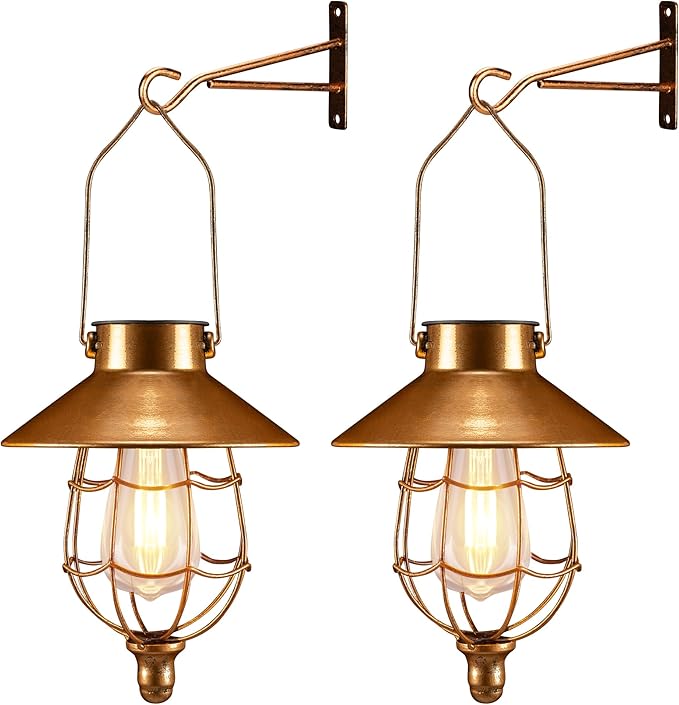 pearlstar 2 Pack Solar Lantern Outdoor Hanging Light Waterproof Metal Solar Lamp for Yard Garden Pathway Patio Porch Decor(Copper)