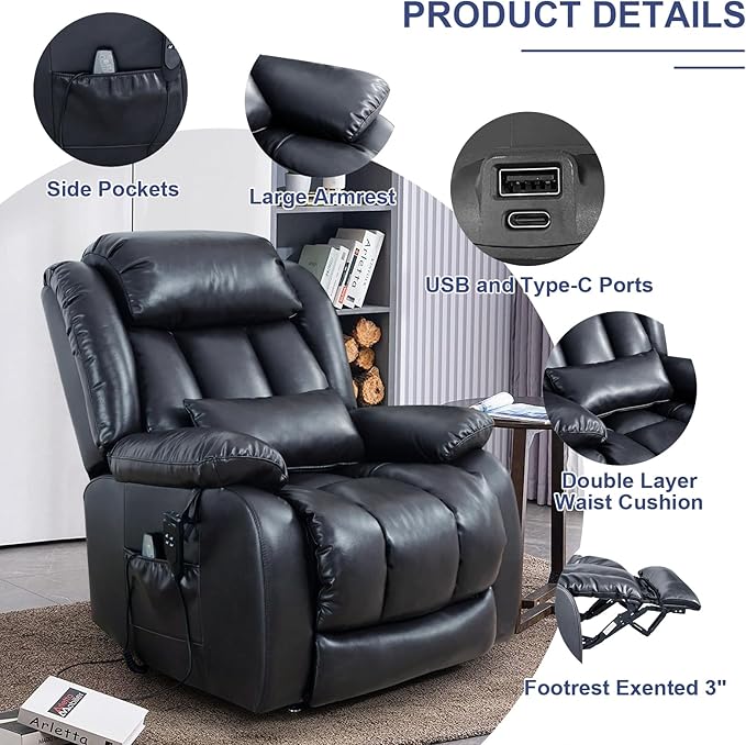 MAEVIS Large Genuine Leather Power Lift Recliner Chair, Dual Motor Recliner for Elderly,Extended Footrest and Lumbar Pillow for Tall Man,with Heat and Massage, USB and Type-C Ports(Deep Blue)