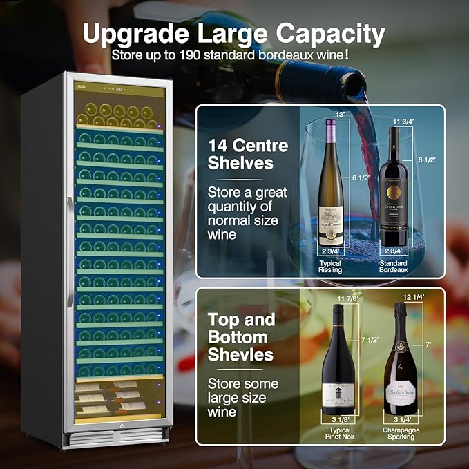 Upgraded 190 Bottles Wine Cooler Refrigerator,24 Inch Wide Wine Fridge with Professional Temperature Control System, Freestanding or Built-in installation, Quiet Operation