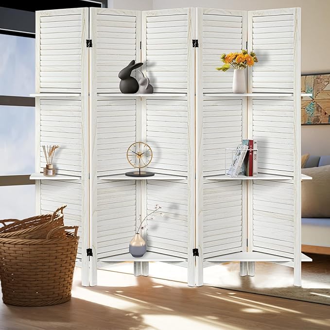 Room Divider with Shelves, Privacy Screen, Room Dividers and Folding Privacy Screens, 5 Panel Wood Temporary Wall Partition Separation Separator, White