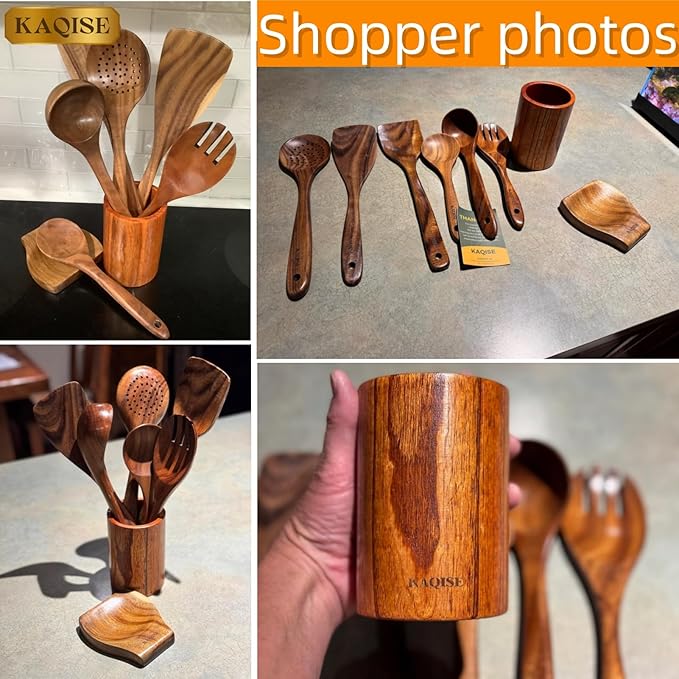 Wooden Spoons for Cooking, Kitchen Utensils Set, Wood Spatulas Soup Ladle Serving Spoons Teak Wooden Utensil Set(8 Pieces )