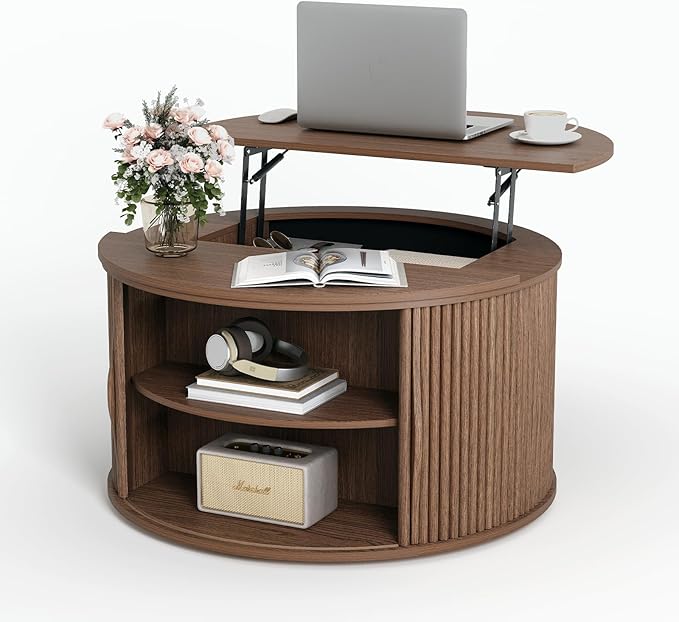 Round Coffee Table with Lifting Top,31.5”Mid Century Modern Lift Top Coffee Table with Hidden Compartment,Fluted Small Center Table for Living Room,Walnut
