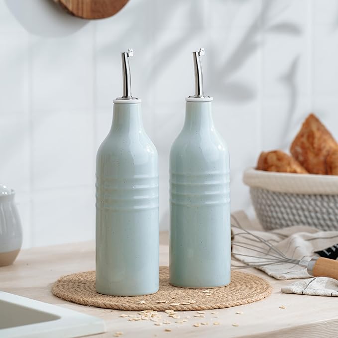 famiware Jupiter 16oz Ceramic Olive Oil Dispenser Bottle, Olive Oil and Vinegar Dispenser Bottle Set of 2 with Stainless Steel Pourers, Suitable for Storage Vinegar, Liquids, Light Blue