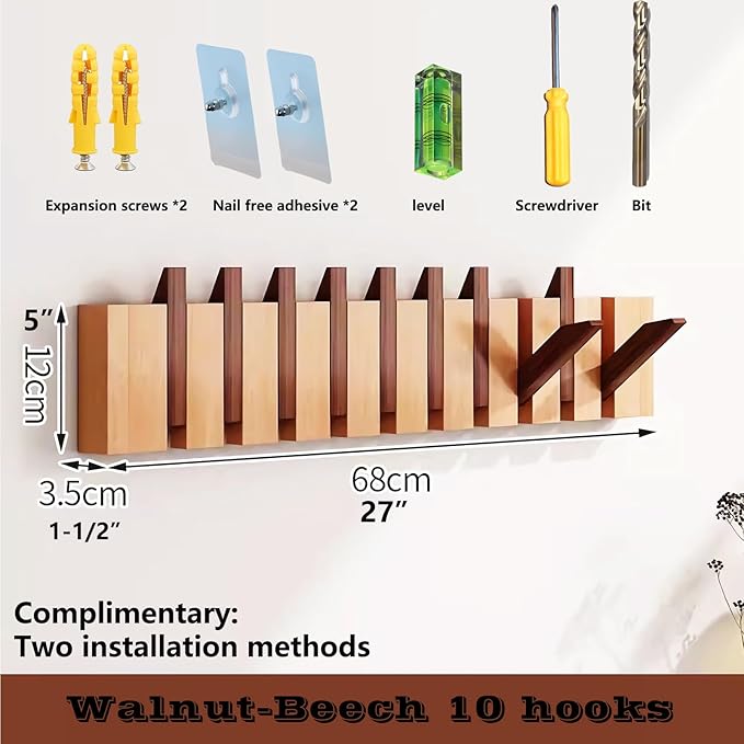 Wall Mounted Piano Key Hanger | Flip Style Hook | Entrance Wall Art Hook, Made of Oak Wood (3 Times Painted, 4 Times Polished) (Walnut-Beech, 10Hooks)