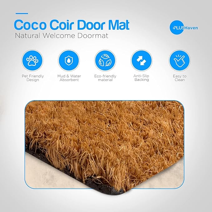 PLUS Haven Coco Coir Door Mat with Heavy Duty Backing, Natural Welcome Doormat, 17.5”x30” for Entrance, Front Porch, Easy to Clean Entry Mat, Outdoor and Indoor Uses, Home Décor