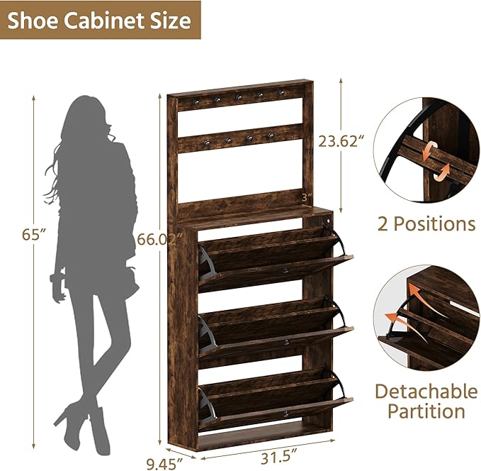 Shoe Cabinet with 3 Flip Drawers, Narrow Shoe Cabinet with 9 Hooks Coat Rack, Freestanding Shoes Storage Cabinets with Adjustable Shelves for Entryway, Hallway, Living Room, Rustic Brown