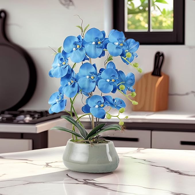Orchid Artificial Flowers with Gray Vase Large Silk Faux Phalaenopsis Flowers for Dining Room Table Floral Centerpieces Indoor Decoration,Blue