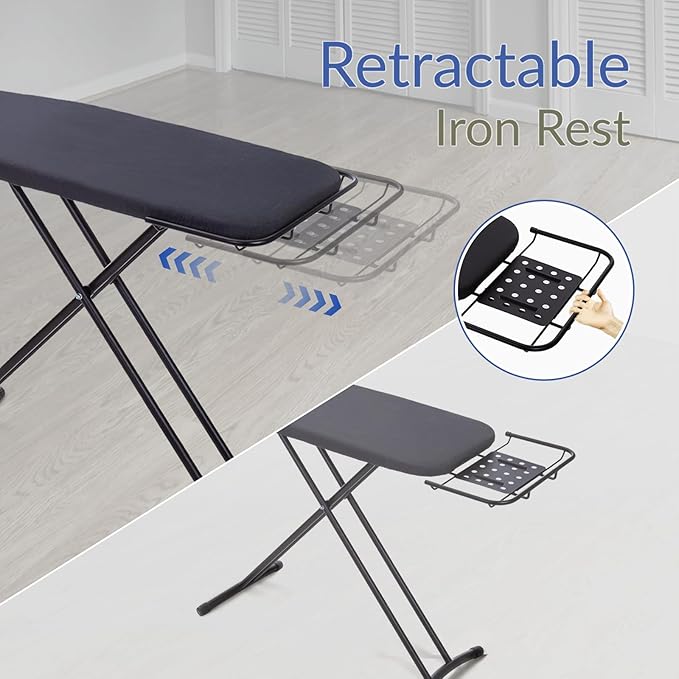 Ironing Board 48" x 15" with Retractable Iron Rest, RAINHOL Heavy Duty Full Size Iron Board, Sturdy Wide Frame with Thick Padding Cover, Height-Adjustable, Black