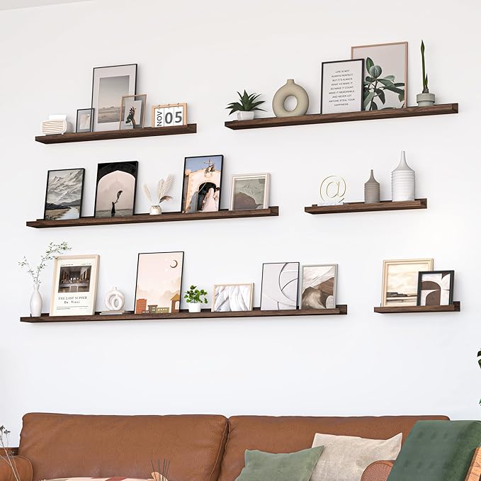 Heimlove Picture Ledge Shelf, Floating Shelves Set of 2, 56 Inches Picture Shelf for Wall with Ledge, Kids Bookshelf Wall Mounted for Living Room Bedroom Decor Books Photo Frames, Walnut