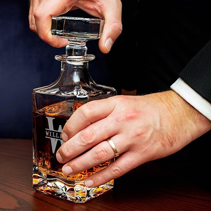 Personalized Bourbon Decanter Set with 4 Glasses by HomeWetBar - Custom Wood Gift Box