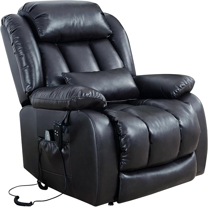 MAEVIS Large Genuine Leather Power Lift Recliner Chair, Dual Motor Recliner for Elderly,Extended Footrest and Lumbar Pillow for Tall Man,with Heat and Massage, USB and Type-C Ports(Deep Blue)