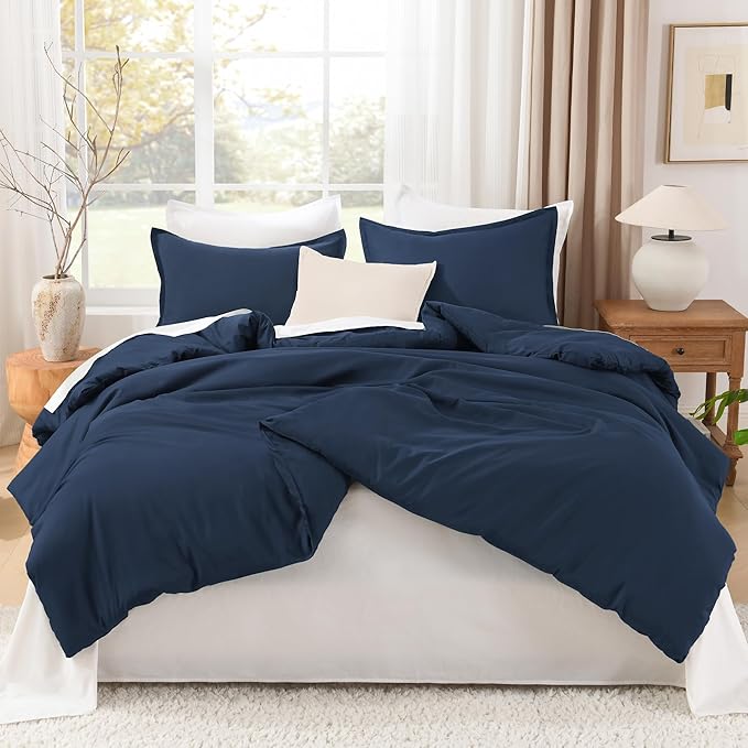 Litanika Navy Blue Comforter Full Size Set, 3 Pieces Lightweight Solid Bedding Comforter Set, All Season Fluffy Bed Set