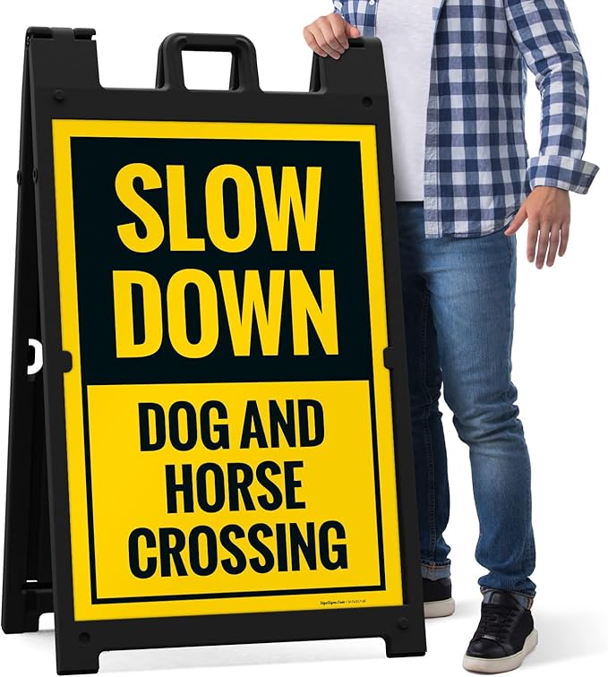 Slow Down Dog and Horse Crossing Sidewalk Sign Kit, 24x36 Inches, with A Frame Stand, Made in USA