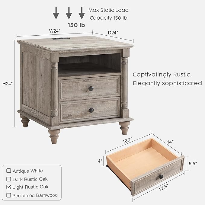 T4TREAM 24'' Farmhouse End Table w/4 Solid Wood Feet, Large 2 Drawers Wide Sofa Side Table with Charging Station, Tall Rustic Wood Square Nightstand for Living Room, Bedroom, Office, Light Rustic Oak