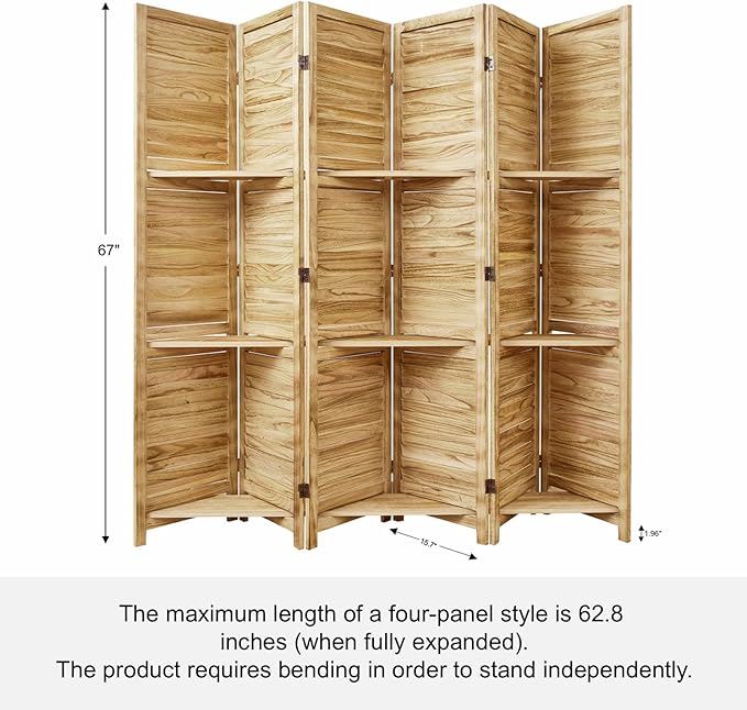 Room Divider with Shelves, 5.6 Ft Tall Folding Wood Screen with Double Hinges for Home Office Bedroom Hotel Decoration (6 Panels, Natural)