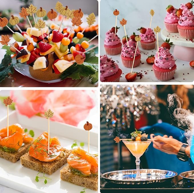 Fall Cocktail Picks Pumpkin Maple Leaf Assorted Autumn Theme Toothpicks Fruit Drinks Dessert Sticks Food Sandwich Appetizer Charcuterie Skewers, for Thanksgiving Decorations Party Supplies (100)