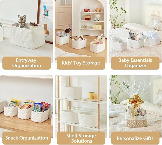 Small Cotton Rope Storage Basket Set of 3-11"x7"x7" Perfect Woven Baskets for Storage, Ideal Storage Baskets for Organizing Toys, Towels, and More - Baskets for Shelves and Home Decor(White)