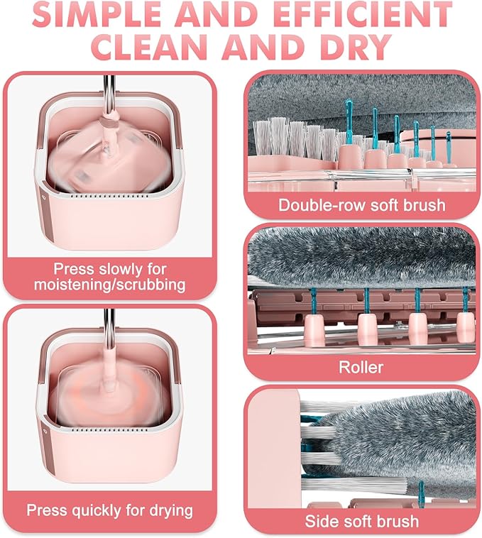 Upgraded Spin Mop and Bucket Set Self-Standing Mop Bucket Separate Dirty and Clean Water System Self Wringing 360° Rotating 90° Foldabl Mops and Buckets for Floor Cleaning (Pink, 6Pads)