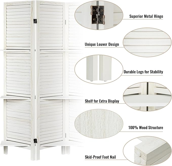 Room Divider with Shelves, Privacy Screen, Room Dividers and Folding Privacy Screens, 5 Panel Wood Temporary Wall Partition Separation Separator, White