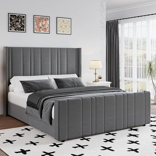 HOMBCK Full Bed Frame with Headboard, Upholstered Platform Bed Full Size with Velvet Headboard & Footboard/Vertical Channel Tufted/Wooden Slats/Noise Free/No Box Spring Needed/Easy Assembly, Grey