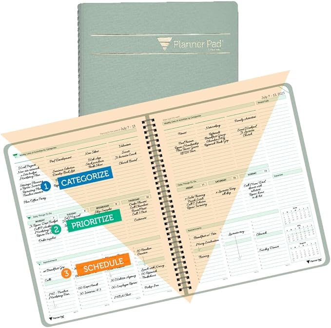 Planner Pad Spiral Bound 3-Tier Funnel Down 12 Month Organizer, July 2025 – June 2026 / Academic Year, Greenish Grey Cover/Soft Green Ink, 8 1/2" x 11"