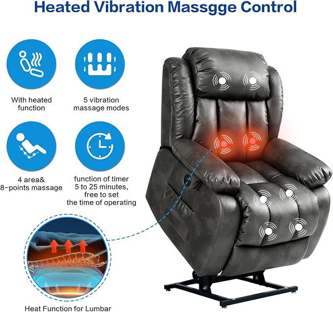 MAEVIS Power Recliner Chair, Lay Flat Sleeping Lift Chairs Recliner for Elderly with Heat and Massage,Comfy Real Breathable Leather Recliners with Dual OKIN Motor for Living Room (Silver Grey)