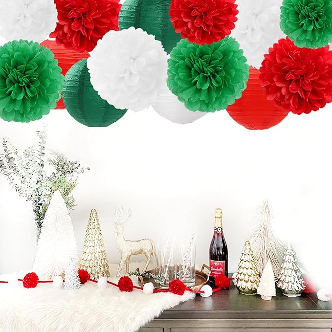 Red-Green White Party-Decorations Christmas Flowers Lanterns - 15PCS Italian Mexican Independence Day Paper Tissue Pom Poms Streamers,Mexico Italy Birthday Baby Shower Wedding Hanging Decor Hugfond