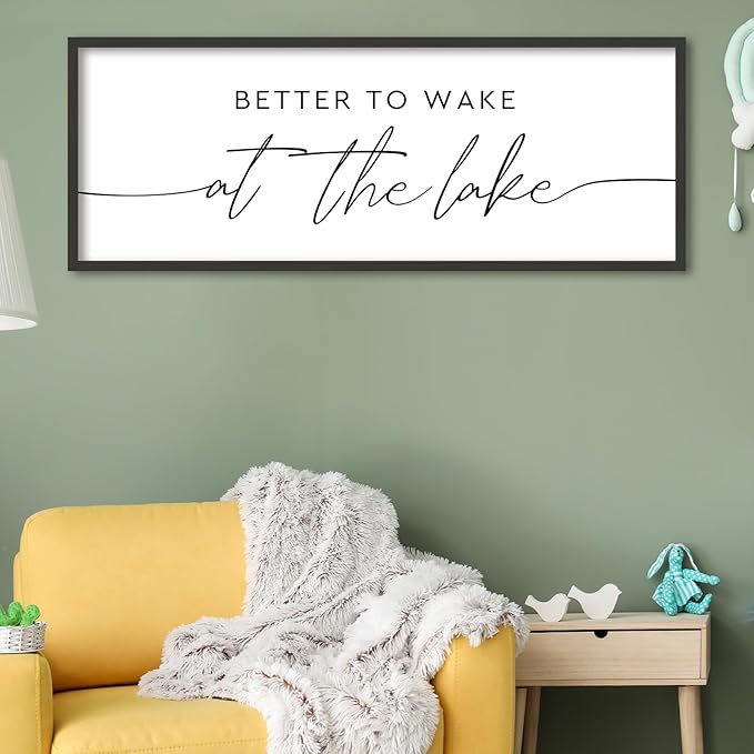 SRSZHIYUE Better To Wake At The Lake Wall Decor Above Bed Sign 32"×12" for Lake House Bedroom Over Bed Large Wood Framed Wall Hanging Art (Black)