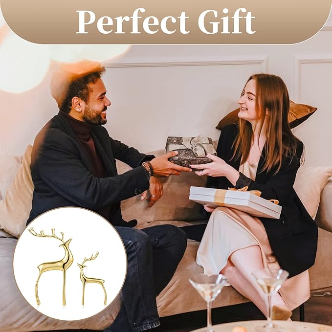 Sziqiqi Brass Reindeer Sculptures Animal Figurine Statues Christmas Deer Pure Copper Heavy Reindeer Ornaments for Home Decor Accents Living Room Office Bookself Tabletop Mantle Decoration