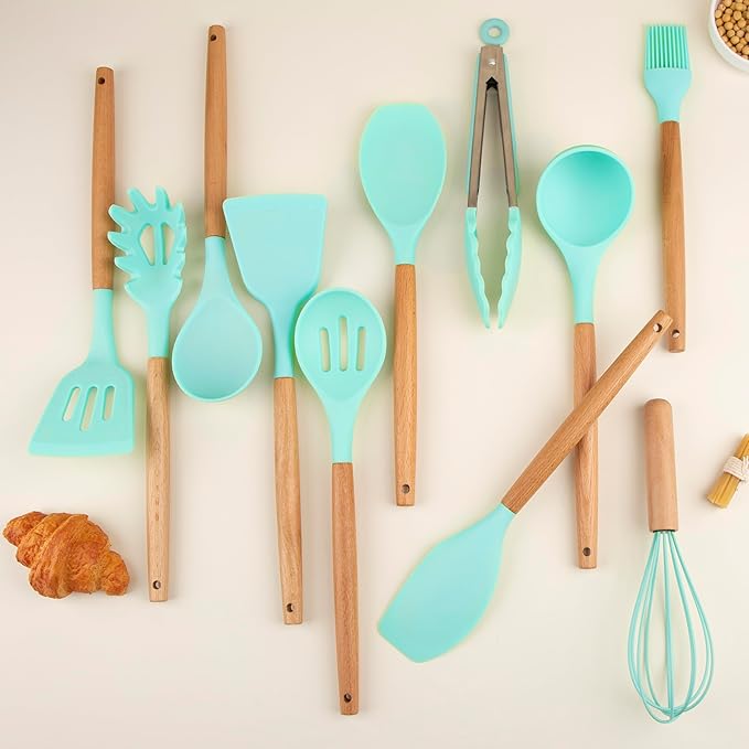 Silicone Cooking Utensils Set, Premium Beech Wood Handle Kitchen Gadgets Utensil Set, Non-Stick Kitchen Utensils Spatula, Tongs, Turner, Whisk, Brush, Spoon, BPA FREE, 446°F Resistant (Mint)