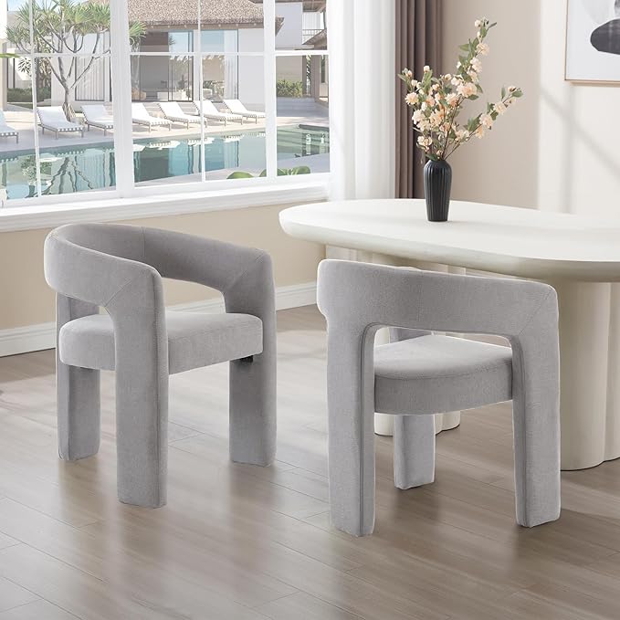 Grey Chenille Dining Chairs Set of 6, Modern Barrel Dining Room Chairs Upholstered Faux Fur Accent Chair with Arms and Round Back for Living Room Kitchen Armchair No Assembly Needed