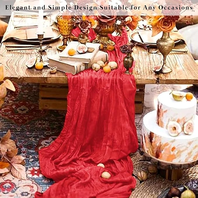 12 Pack Red 10FT Cheesecloth Table Runner Rustic Gauze Fabric Cheese Cloth Table Runner for Wedding Bridal Baby Shower Table Decor Boho Sheer Birthday Party Table Decorations 20 x 120 Inch Long